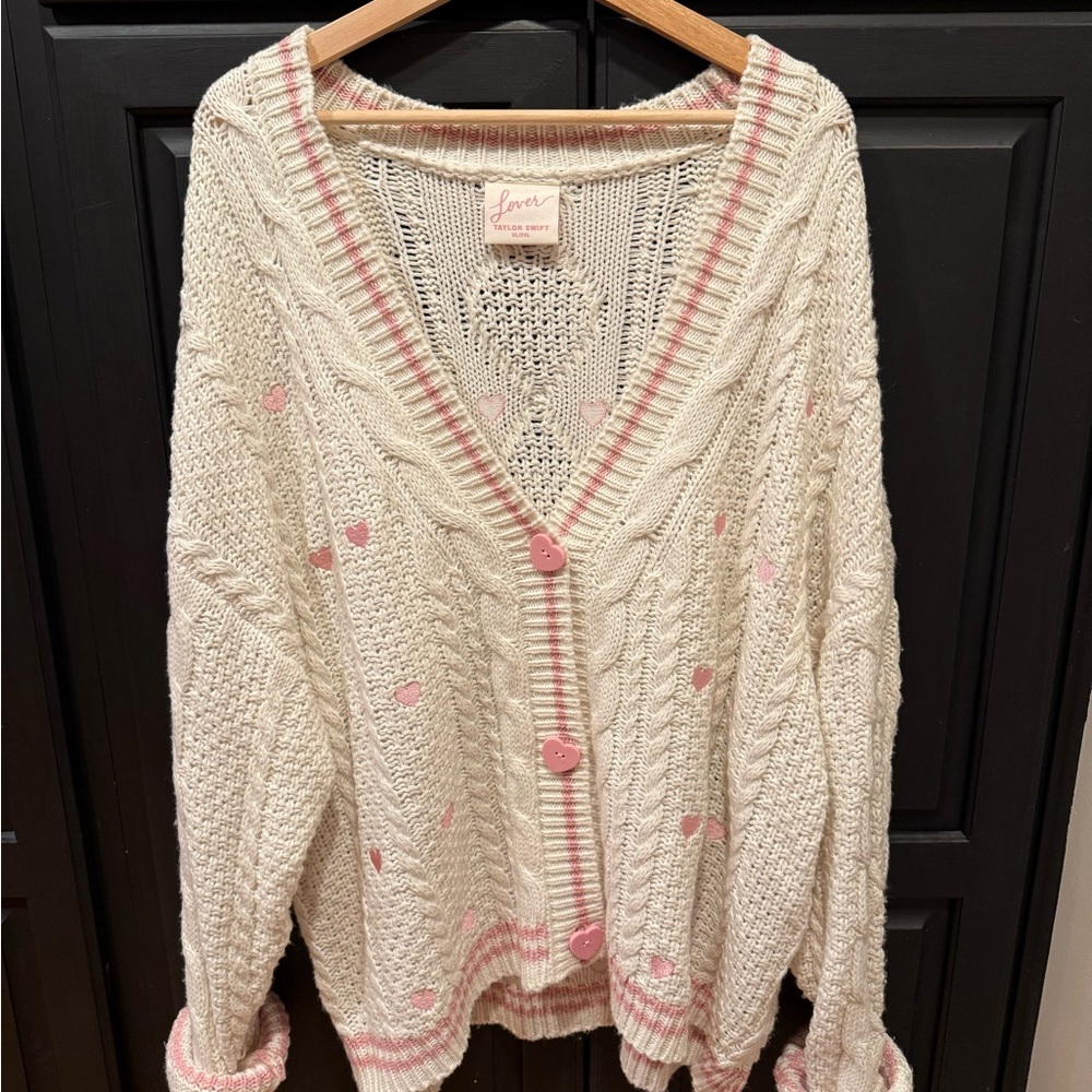 Taylor Swift Lover Cream Cable Knit Cardigan with Pink Heart Details